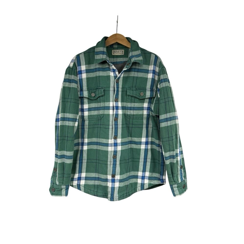 Duluth Trading Men's Fleece Lined Flannel Shacket Jacket Snap Up Green Plaid L?